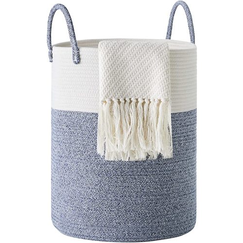 Cotton Rope Laundry Hamper by YOUDENOVA, 58L - Woven Collapsible Laundry Basket - Clothes Storage Basket for Blankets, Laundry Room Organizing, Bedroom Storage, Clothes Hamper – Blue