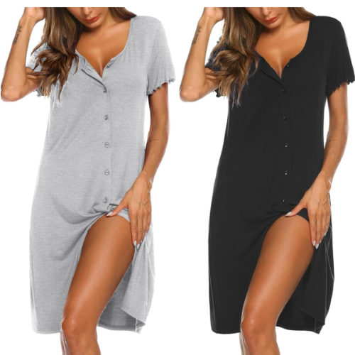 Ekouaer 2 Pack Nightgowns for Women Button Down Night Shirts Short Sleeve Sleep Shirts V Neck Sleepwear Pajama Dress