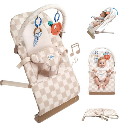 Tiny Marvels Baby Bouncer, 3-Point Harness Baby Bouncer Seat for Newborn Toddler, Portable Baby Rocking Chair with Sensory Toys and Music, Compact & Portable Baby sit up chair (Sand Checks)