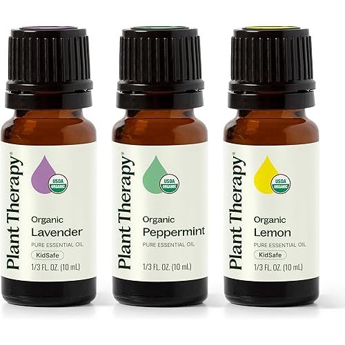 Plant Therapy Top 3 Organic Essential Oil Singles Set 10 mL (1/3 oz) Lemon, Lavender & Peppermint 100% Pure Essential Oils, Undiluted, Natural Aromatherapy for Diffusion and Body Care