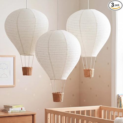 Baquler 3 Pcs 14 Inch Hot Air Balloon Lampshade Hanging Hot Air Balloon Decorations White Linen Fabric Decorative Lamp Shades for Nursery Kids Living Room Baby Shower Party Decor, Pendant Shades Only