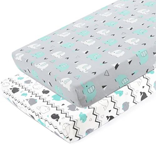 Stretchy Fitted pack n play playard Sheet Set BROLEX 2 pack Portable Mini Crib Sheets,Convertible Mattress Cover,Ultra Soft MaterialElephant & Whale - Grey Teal Animal