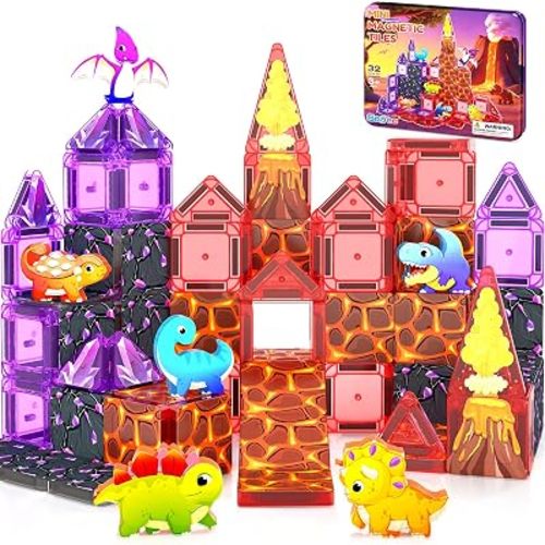 Mini Magnetic Tiles Kids Dinosaur Toys, Magnetic Blocks with 6 Dinosaurs