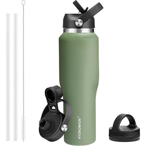 HYDROWION 40 oz Insulated Water Bottle with Straw fit in Car Cup Holder(Cold 48 hrs, Hot 24 hrs) Drinking Bottle with Straw Lid, Spout Lid and Flex Cap Leakproof Travel Thermo Mug，Moss