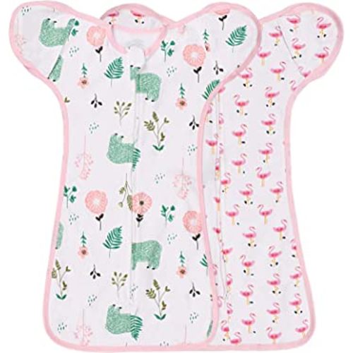 2 Pack Transition Swaddle with 2 Way Zipper, 2 in 1 Arms in/Out Transitional Arms Up Swaddle, 100% Cotton Newborn Swaddles Zipper Swaddles Baby Swaddling Sack Sleep Sack 0-3 Months, Flamingo & Bear