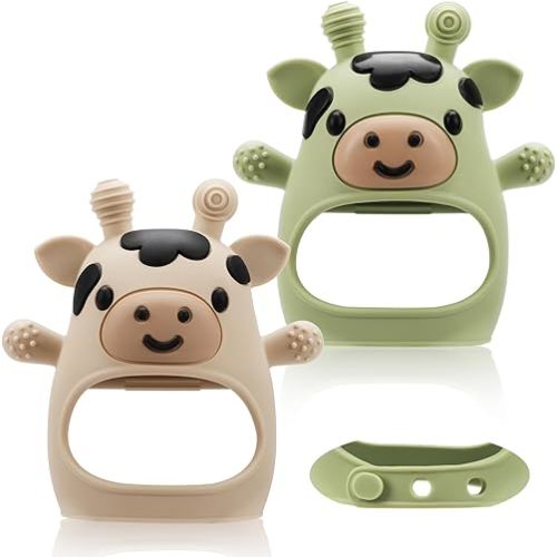 TOHIBEE 2 Packs Baby Teething Toys for 0-6 6-12 Months, Food Grade Silicone Adjustable Cow Teething Mitten, Chew Teether Toys for Teething Pain Relief, Baby and New Born Essentials, Green & Beige