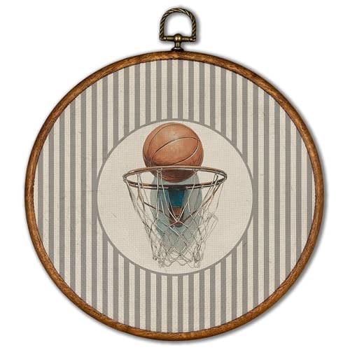 KSDUT Vintage Basketball Wall Art Decor - Retro Sports Trendy Wall Art Canvas Frame Hanging Prints, Nursery Sports Gallery Round Artwork Decor for Boys Room Home Decorations 10"x10"