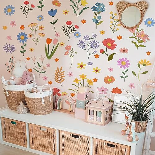 Boho Flower Wall Stickers Daisy Wildflower Wall Decals Leaf Floral Decor for Girls Bedroom Baby Nursery Kids Room Wall Decor