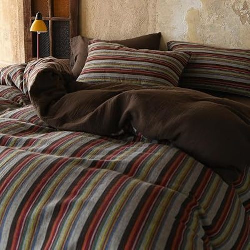 EAVD Retro Striped Duvet Cover King 100% Cotton Muslin Gauze Bedding Set