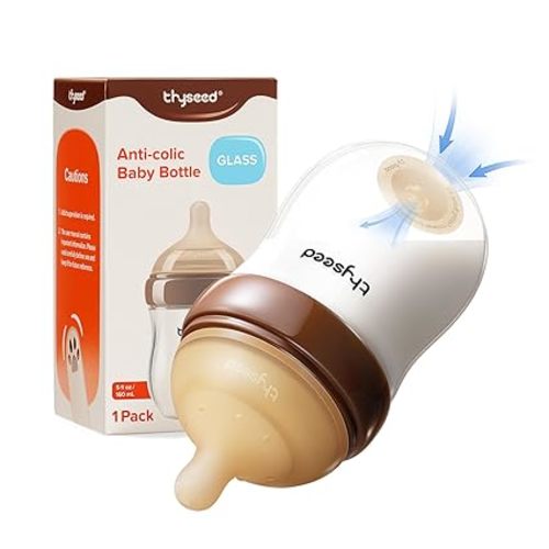 Thyseed Anti-Colic Glass Baby Bottle for Breastfed Infants, Natural Feeding, Breast-Like Newborn Extra Slow Flow Nipple (0m+), 5 oz, 1 Pack