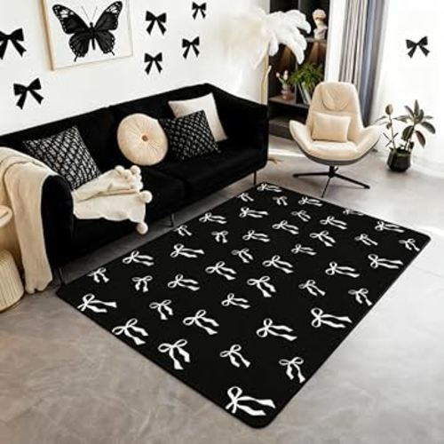 Erosebridal Bowknot Ribbon Carpet White Bows Area Rug 6'6" x 4'11" Black Princess Indoor Floor Mat Modern Simple Bow-Tie Decorative Rug for Kids Boys Girls