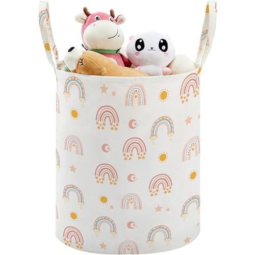 TECHMILLY Large Storage Basket for Girls and Boys, Collapsible Laundry Hamper with Long Handles, Toy Bins for Nursery, Kids Room Décor (Rainbow)