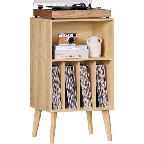 Lerliuo Record Player Stand, Burlywood Turntable Stand Holds up to 160 Albums, Mid-Century Vinyl Storage Cabinet Table with Solid Wood Legs, Record Player Holder Dispaly Shelf for Bedroom Living Room