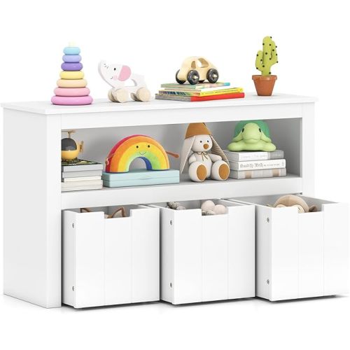 Costzon Toy Storage Organizer w/Drawers, Wooden Toy Shelf with 3 Removable Drawers, Rolling Wheels & Large Open Shelf, 2 Shelf Toy Cupborad for Kids Room, Playroom, Kindergarten, Nursery (White)