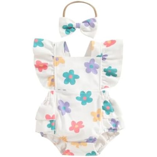 ​Infant Baby Girl Summer Clothes Outfits Cute Print Fly Sleeve Romper Jumpsuit Bodysuit with Headband