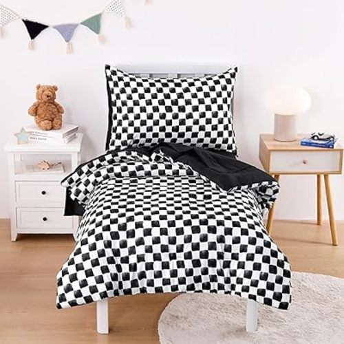 Wake In Cloud - Toddler Bedding Set for Boys Girls, Cute Gingham Grid Checkered, 4 Pieces Soft Crib Bed Set Including Comforter, Sheets and Pillowcase, Black White