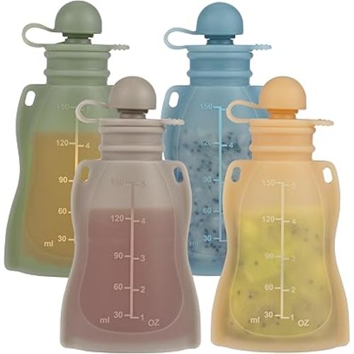 Reusable Baby Food Pouches, 4 Pack with Straw Squeezable Pouches for Toddlers, BPA-Free, Refillable Silicone Baby Food Storage Containers, 5 oz