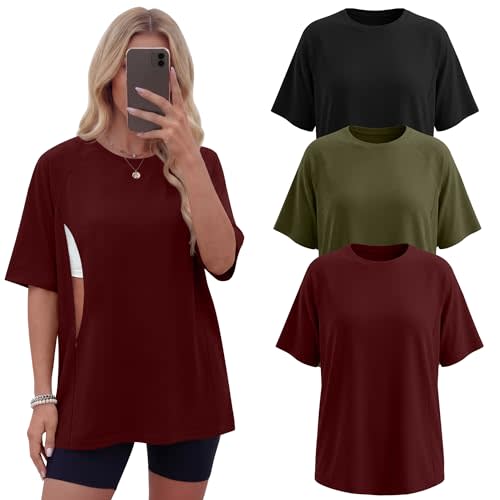 3 Pack Women's Oversized Nursing Tops for Breastfeeding with Hidden Zippers Loose Fit Short Sleeve Maternity Tops