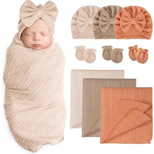 AQOKKA Baby Swaddle Blankets Wheat Ear Bow Hats Mitten for Newborns