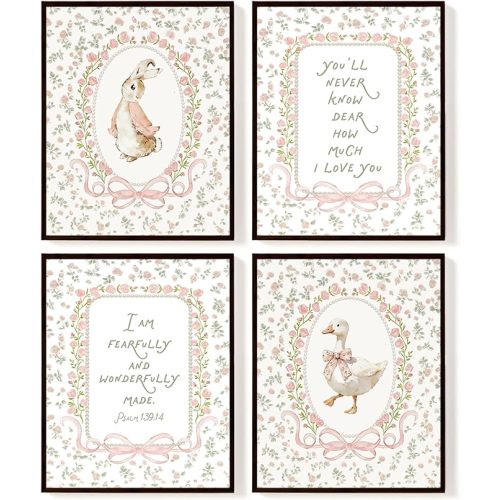 SkyCozy Pink Christian Nursery Wall Art Decor for Girls, Grandmillennial Bunny Goose Poster & Prints, Cottagecore Floral Wall Art for Baby Girl Nursery Room Bedroom Decor Set of 4, 8x10 Unframed