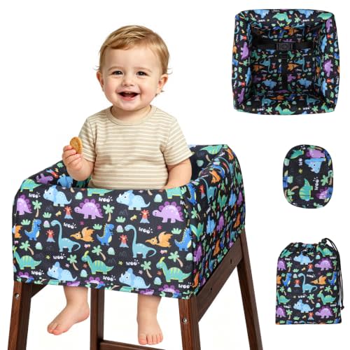 COOLBEBE Baby High Chair Cover for Restaurants with 3-Point Harness | Waterproof Portable, Machine Washable Travel Cover for Toddler Dining Out/Home, Fits Most Wooden Chairs, Black Dinosaur