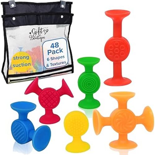 Gift Boutique Suction Bath Toys for Toddlers 48 Pack Silicone Tubes and Mesh Storage Bag with 6 Sensory Textures Bathtub Toy for Baby & Kids, Fine Motor & Sensory Development, No Holes
