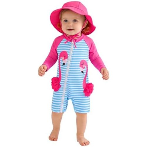 2Pcs Baby Girl One Piece Swimsuit Full Zipper UPF 50+ Sun Protection Bathing Suit Rash Guard with Hat