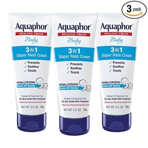 Aquaphor Baby Diaper Rash Cream, 3-in-1 Diaper Rash Relief, 3.5 Oz Tube, (Pack of 3)