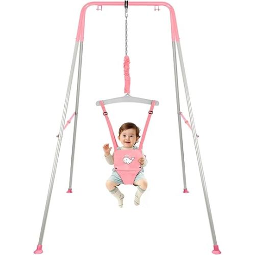 Baby Jumper with Stand, Baby Jumpers and Bouncers for Indoor & Outdoor Play, Swing Set with Stand for 6-24 Months Infant & Toddler Learning to Walk, Easy to Assemble & Store (Pink)