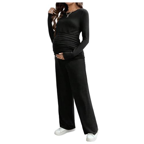 OYOANGLE Women's Maternity Sets 2 Piece Fall Long Sleeve Top and Pants Set | Ruched Nursing Top and Pants，Comfy Lounge Pajamas，Matching Set，Pregnancy Clothes，Maternity Fall Clothes