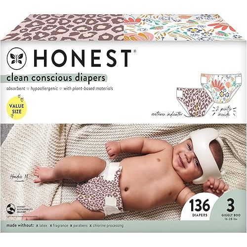 The Honest Company Comfort Dry Disposable Diapers Plant-Based Sustainable Wild Thang and Flower Power Super Club Box Size 3 16-28 lbs 136 Count