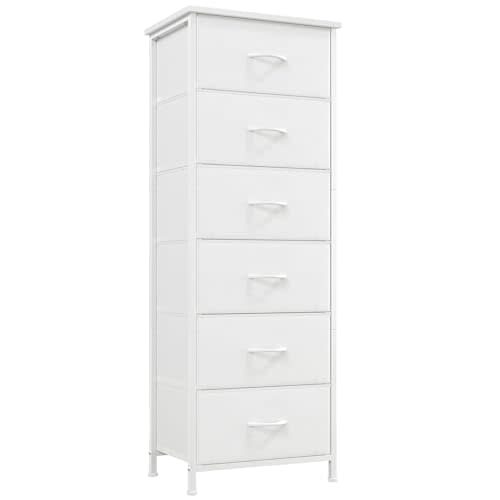 Somdot Tall Dresser for Bedroom with 6 Drawers, Storage Organizer Chest of Drawers with Removable Fabric Bins for Closet Bedside Living Room Laundry Entryway Hallway, White Leather