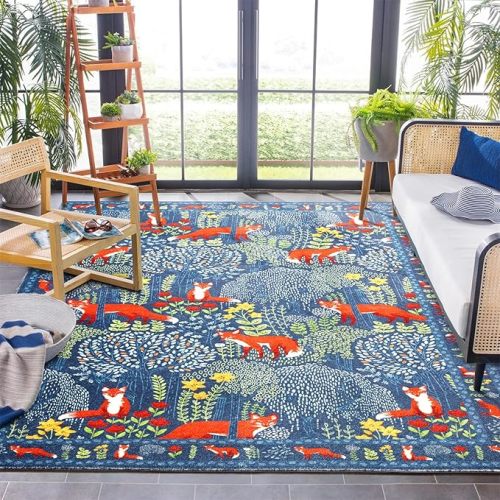 Cute Woodland Forest Living Room Rug Vibrant Blue Botanical Floral 8x10 Area Rug Washable, Whimsical Nature Animals Kids Rug Boho Vintage Aesthetic Carpet for Nursery Dining Room Entryway Bedroom