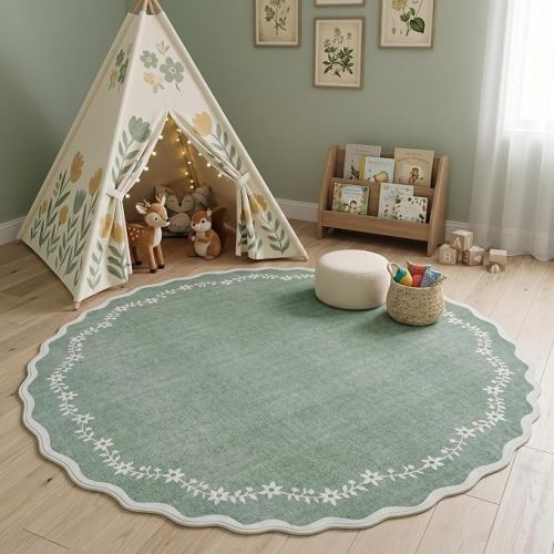 GarveeHome Round Rugs 4ft Scalloped Washable Small Circle Rug for Kids Room