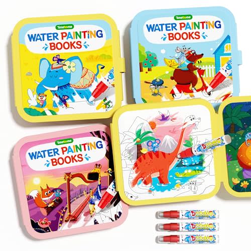 Timetome Reusable Water Painting Book for Kids - 3 Pack Magic Watercolor Books with Water Pen Fairy Tale, Animal & Dinosaur Themes | No Mess Paint & Reusable Fun for Ages 3+
