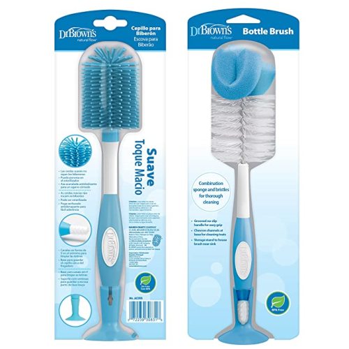Dr. Brown's Baby Bottle and Nipple Brush Soft Touch and Sponge Brush, Blue Variety Pack, 2 -Pack - 2-pack, Blue Variety Pack