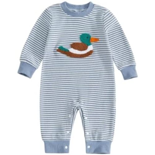 SAYOO Infant Baby Boy Girl Mallard Duck Romper Jumpsuit Green Duck Embroidery One Piece Waffle Overalls Hunting Baby Clothes