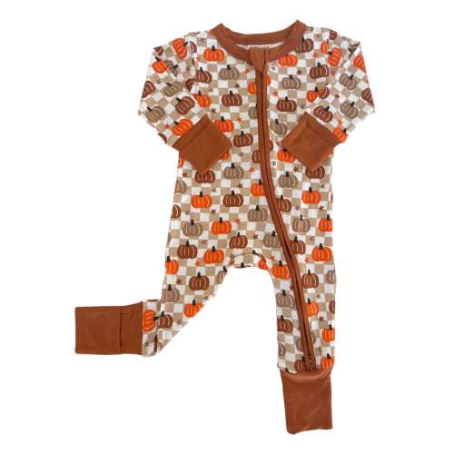 2-Way Convertible Zip Romper, Pumpkin Checkerboard