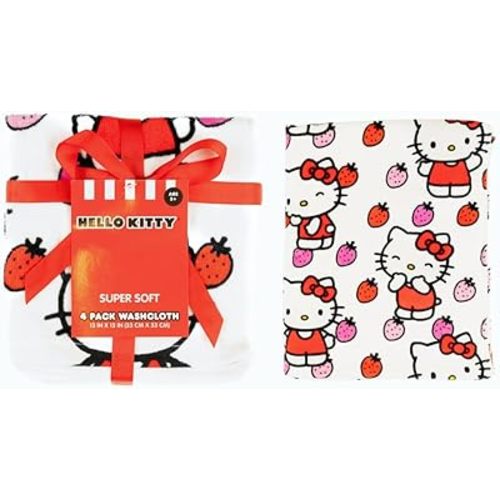 Hello Kitty Washcloths 4 Pack – 100% Cotton Super Soft Face Cloths for Makeup Removal & Skincare – Cute Sanrio Strawberry Design – 13” x 13” (Officially Licensed Product) by Franco