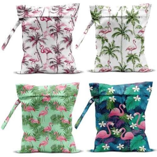 4 Pack Wet Bag for Swimsuit, Beach Travel Essentials Wet Dry Bag, for Sunscreen Toiletry Dirty Clothes Yoga Gym Diaper, Friend Summer Beach Vacation Gifts. Flamingo Series