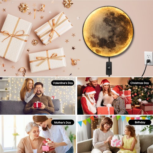 1-Light Moon Wall Sconce Plug in Modern LED Wall Light with 3-Color Temperature Black Indoor Wall Lamp