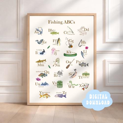Fishing Alphabet Nursery Print, Digital Poster, ABC Print, Toddler Playroom, Baby Boy Nursery, Fishing Boy Nursery Decor, Vertical Print