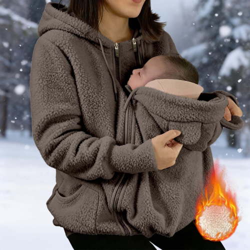 Women's Winter Warm Fleece Maternity Coat Full Zip Baby Wearing Jacket Pregnancy Outerwear Khaki L