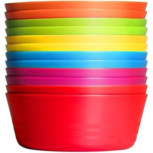 PLASKIDY Kids Plastic Bowls Set of 12, 10 Ounce Microwave Dishwasher Safe BPA Free Non Toxic Toddler Bowls 6 Bright Colors for Cereal, Soup, Snack, for Kids & Toddlers