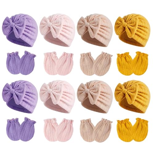 Newborn Baby Girl Hats Mittens Set Cotton Hospital Bow Hat Beanies Caps Gloves for New Born Girls 0-6 Months