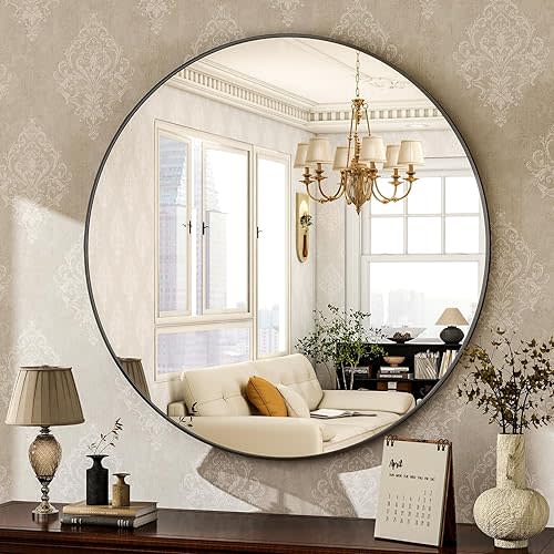 HARRITPURE Round Mirror 24 Black Wall Mounted Circle Mirrors Vanity Mirror with Brushed Aluminum Alloy Frame Modern Decoration for Bathroom, Living Room, Vanity, Bedroom, Entryway