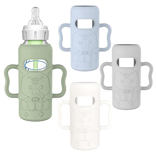 KingKam 4 Pack Silicone Sleeves for Dr. Brown's Glass Baby Bottles, Drop Protection Easy-Grip Baby Bottle Sleeves Holder with Handles, Compatible with Dr. Brown's Narrow Glass Bottles 8oz