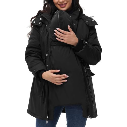 Maacie Maternity 3 in 1 Winter Coat Thicken, Medium/Black - Quilted Lined Warm Hooded Outwear Puffer Down Jacket Parka with Pockets