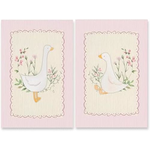 Vintage Silly Goose Wall Art Preppy Pink Poster Trendy Sweet Floral Nursery Decor Set of 2 Goose Flowers Canvas Print Painting Cute Animal Botanical Picture for Baby Kids Bedroom 8x12inch Unframed
