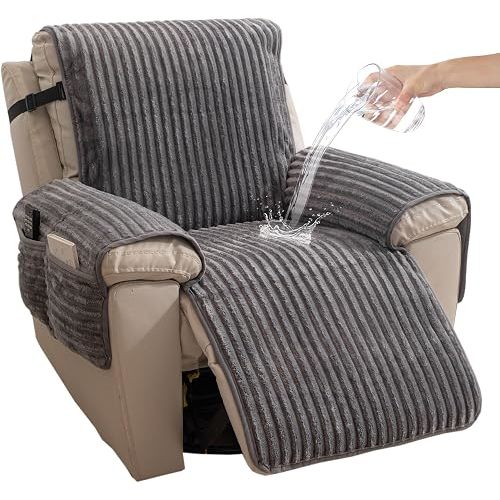 HAOMAIJIA Faux Fur Recliner Chair Covers Non-Slip Waterproof Recliner Covers That Stay in Place Warm Thick Lazy Boy Recliner Cover for Dogs Furniture Protector Pet Friendly (Grey, 28'')